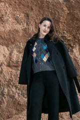 Classic 100% cashmere woven belt women's coat new year and holiday gift new clothes 2025 collection black color.