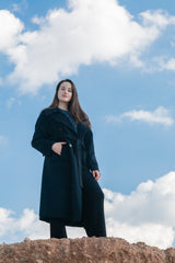 Classic 100% cashmere woven belt women's coat new year and holiday gift new clothes 2025 collection black color.