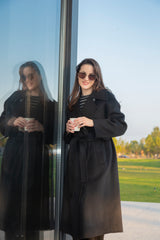 Classic 100% cashmere woven belt women's coat new year and holiday gift new clothes 2025 collection black color.