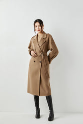 classic wrap coat in double -face wool cashmere made in Inner Mongolia high cashmere fiber produced area camel color of women's long coat.