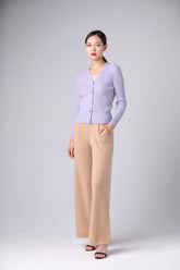 21 year best selling purple color of pure cashmere knitted V-neck strip cardigan for lady - Lamycashmere