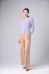 21 year best selling purple color of pure cashmere knitted V-neck strip cardigan for lady - Lamycashmere