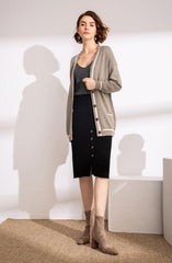camel color with white stripe color cashmere knitted lady's cardigan - Lamycashmere