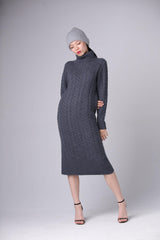 Fashional warmly charcoal color pure cashmere knitted long turtleneck dress for lady's - Lamycashmere