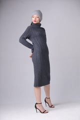 Fashional warmly charcoal color pure cashmere knitted long turtleneck dress for lady's - Lamycashmere