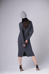 Fashional warmly charcoal color pure cashmere knitted long turtleneck dress for lady's - Lamycashmere