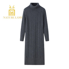 Fashional warmly charcoal color pure cashmere knitted long turtleneck dress for lady's - Lamycashmere