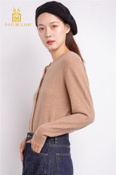 warmly highest quality cashmere factory price for pure cashmere camel color round neck cardigan with nature shell button - Lamycashmere