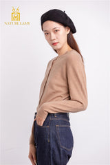 warmly highest quality cashmere factory price for pure cashmere camel color round neck cardigan with nature shell button - Lamycashmere