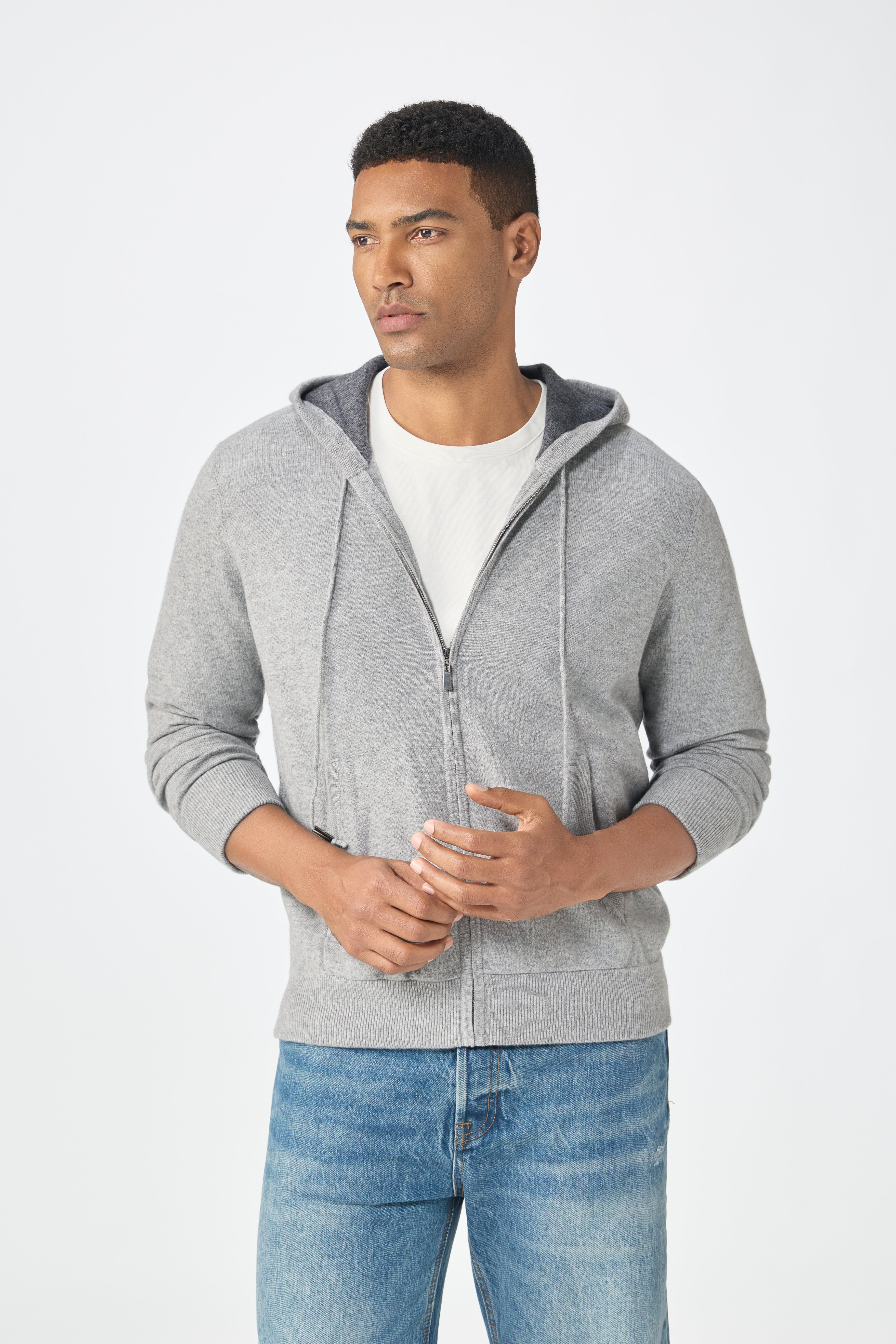 100% cashmere knitted grey softest sport men's zipper hoodies