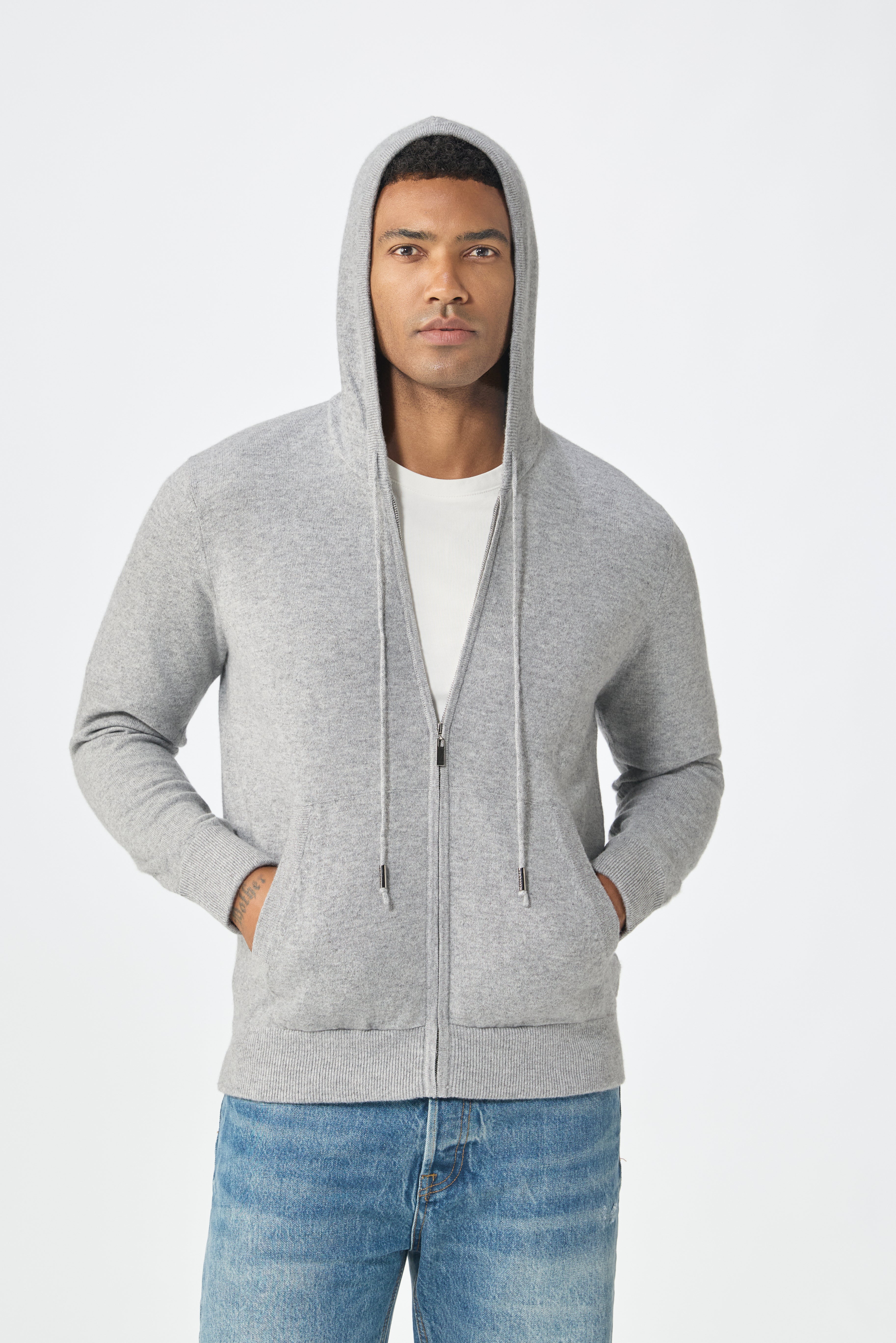 100% cashmere knitted grey softest sport men's zipper hoodies