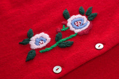 Europe best selling style of 100 percent cashmere knitted round neck embroidery christmas new year red color beautiful flower shell button cardigan