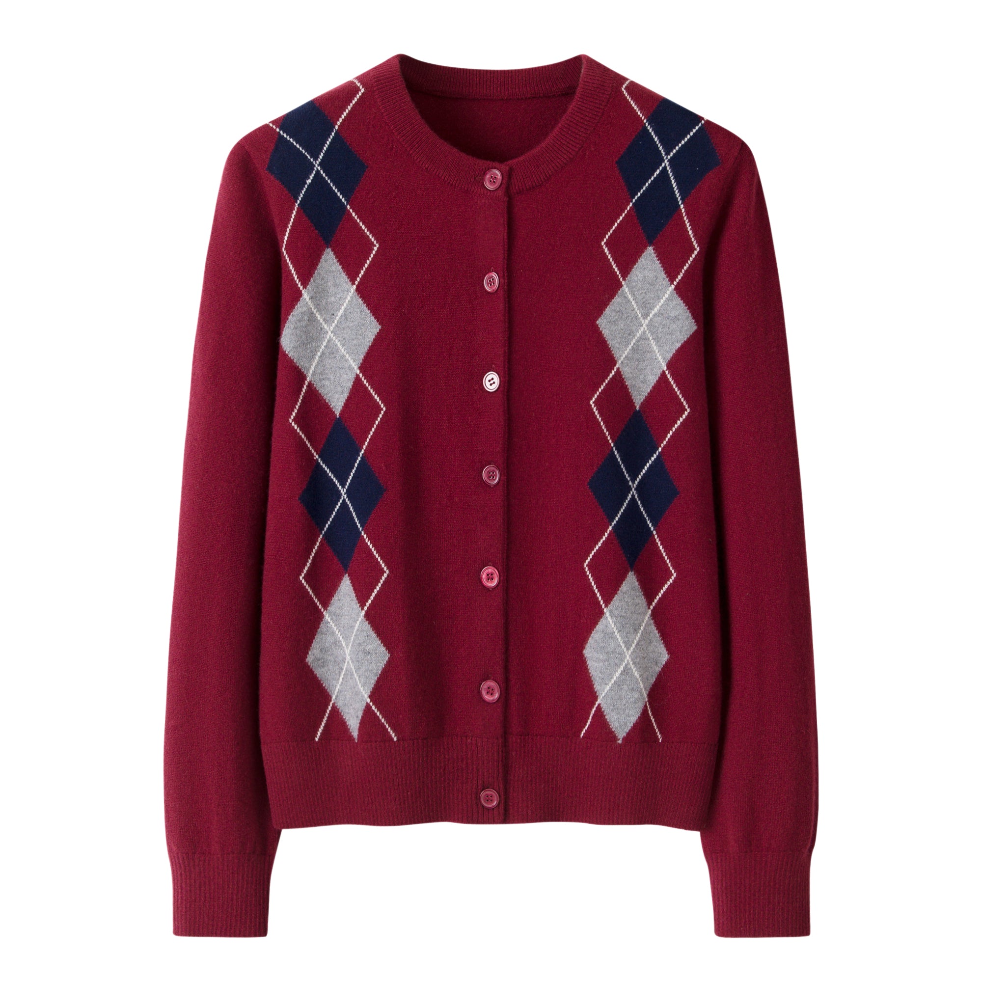 Popular style of pure cashmere knitted round neck jacquard Diamond cardigan S/S collection for lady's