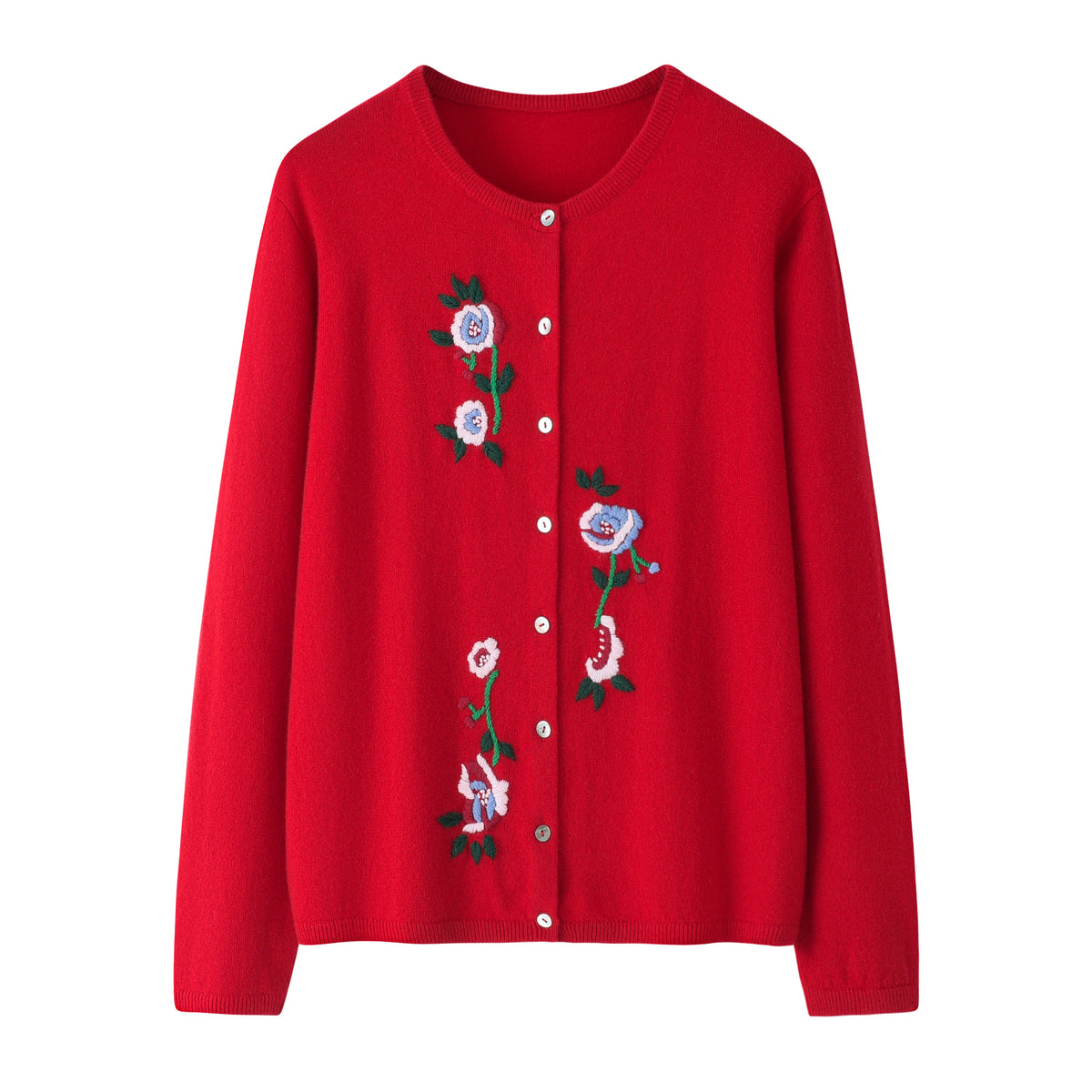 Europe best selling style of 100 percent cashmere knitted round neck embroidery christmas new year red color beautiful flower shell button cardigan