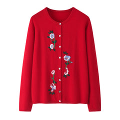 Europe best selling style of 100 percent cashmere knitted round neck embroidery christmas new year red color beautiful flower shell button cardigan