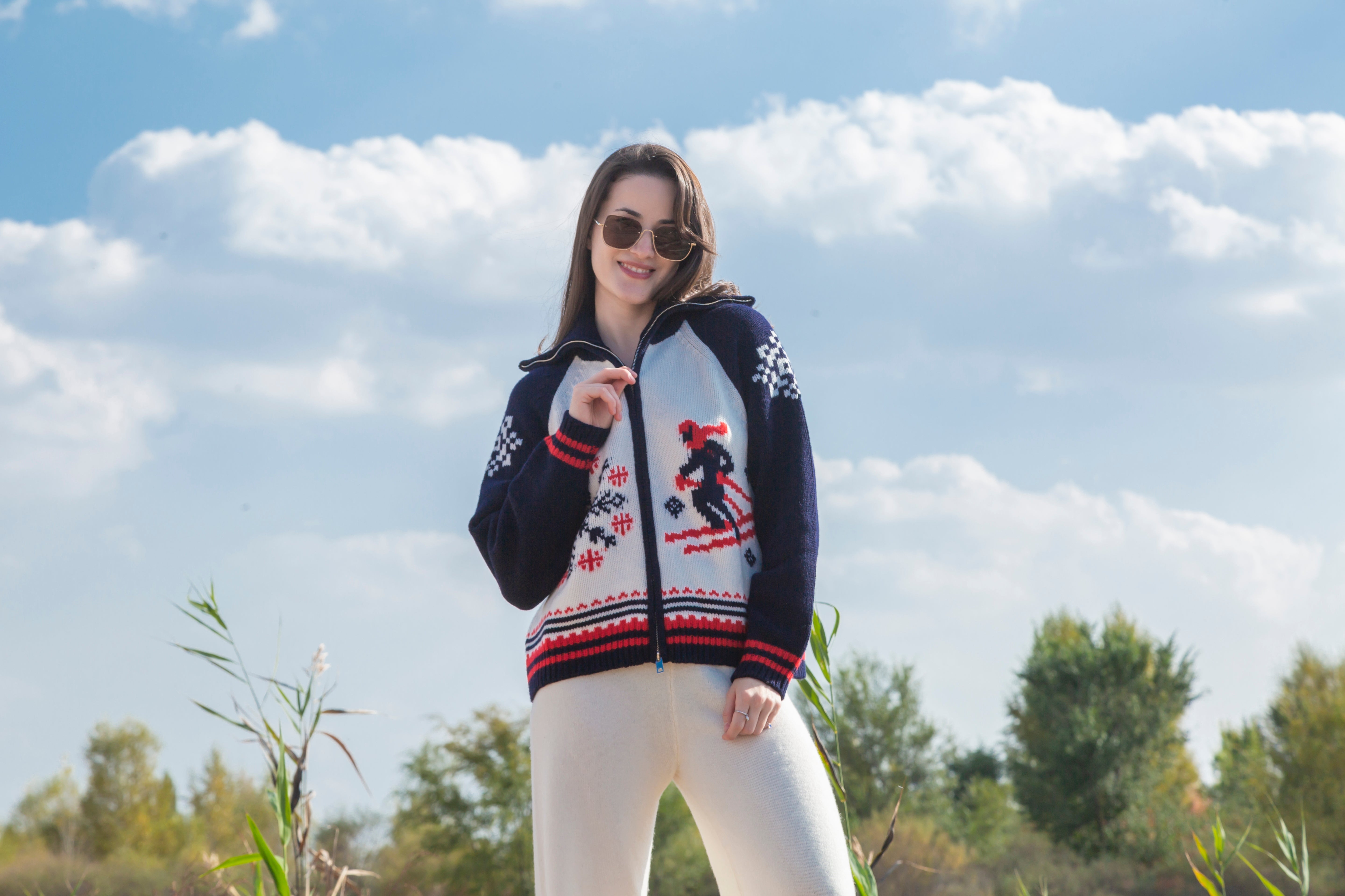 cashmere and wool blended skiing warmly heavy outwear ladies' jacquard heavy skiing zipper pullover