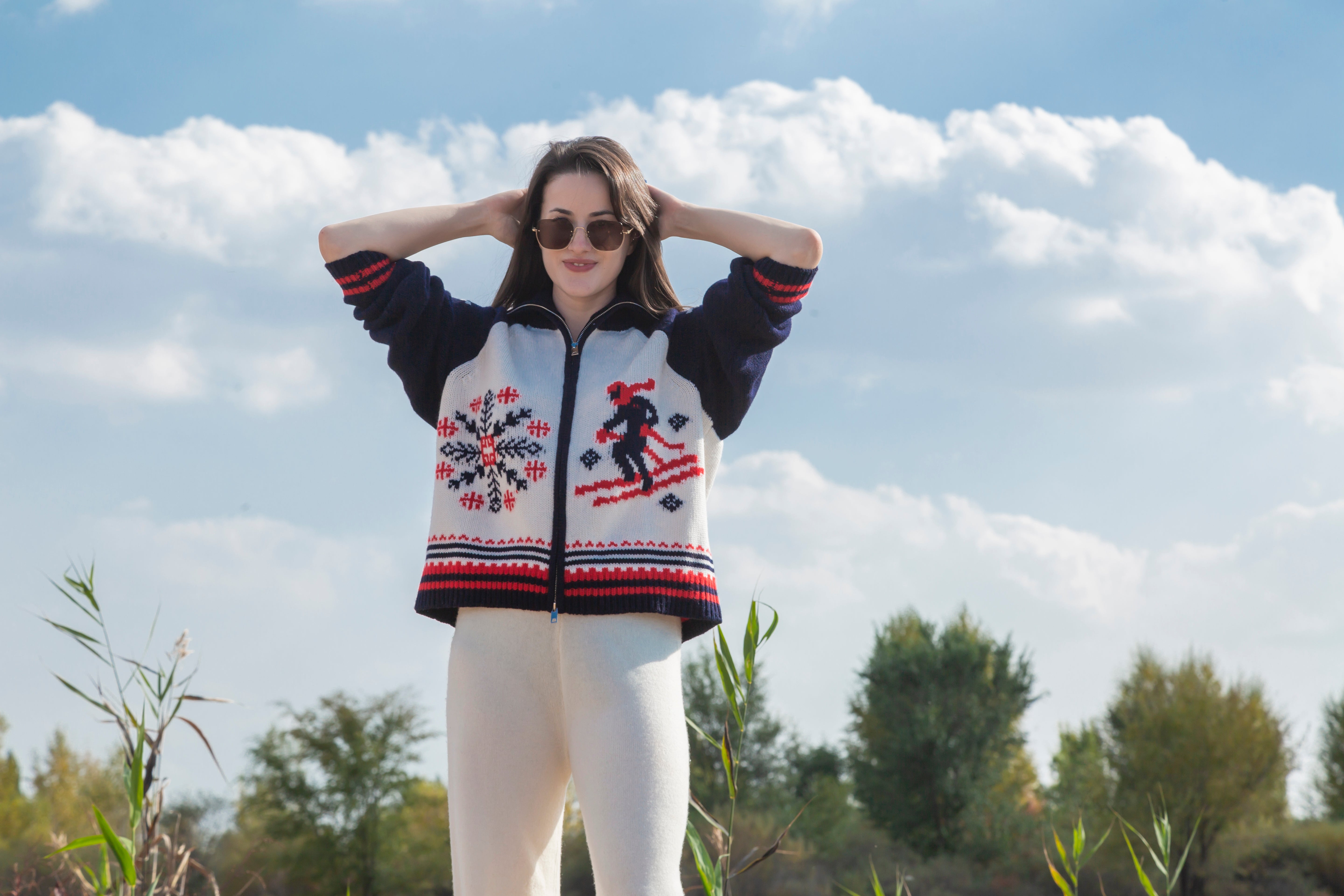 cashmere and wool blended skiing warmly heavy outwear ladies' jacquard heavy skiing zipper pullover