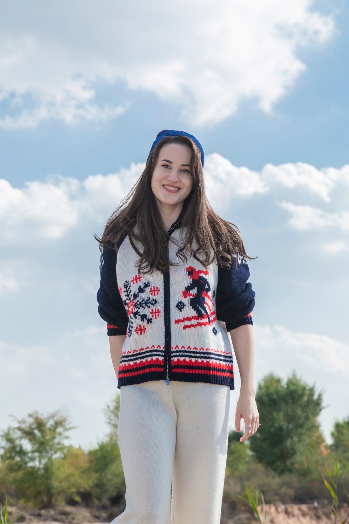 cashmere and wool blended skiing warmly heavy outwear ladies' jacquard heavy skiing zipper pullover