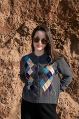 Popular style of pure cashmere knitted round neck jacquard Diamond cardigan S/S collection for lady's