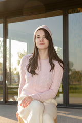 Nature Lamy 2026 lady's new style of cable pink pure cashmere knitted o neck sweater