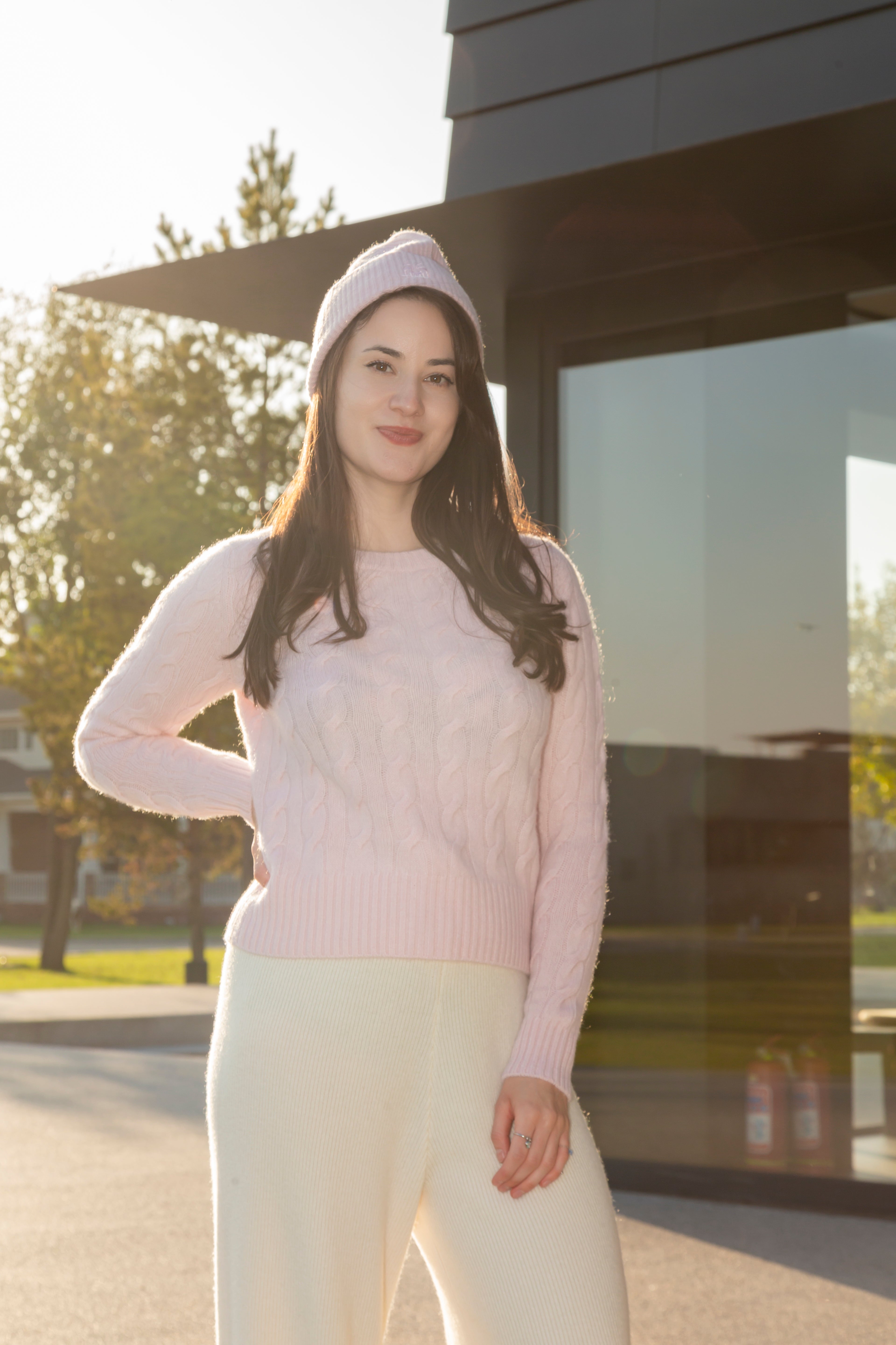 Nature Lamy 2026 lady's new style of cable pink pure cashmere knitted o neck sweater