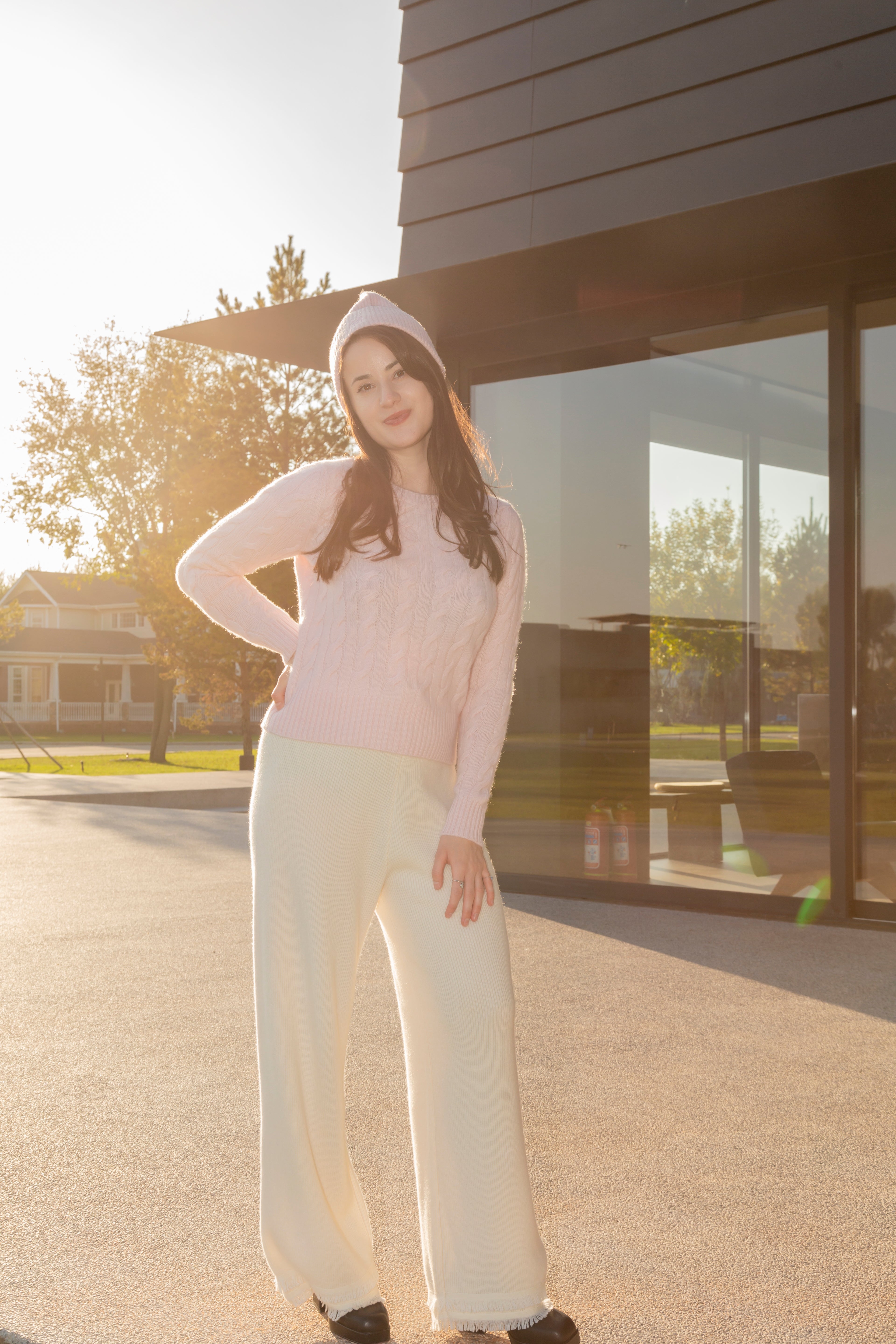 Nature Lamy 2026 lady's new style of cable pink pure cashmere knitted o neck sweater