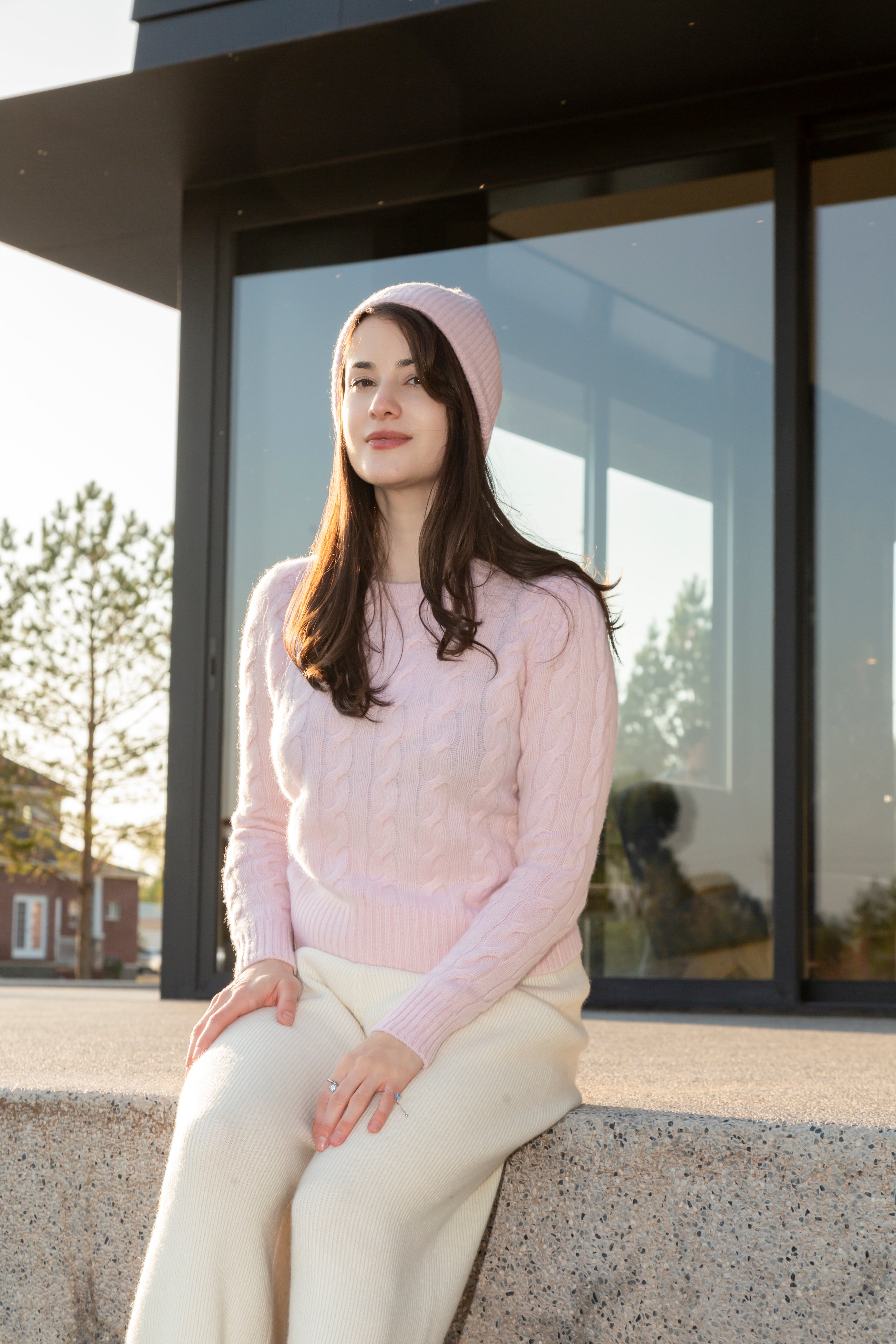 Nature Lamy 2026 lady's new style of cable pink pure cashmere knitted o neck sweater