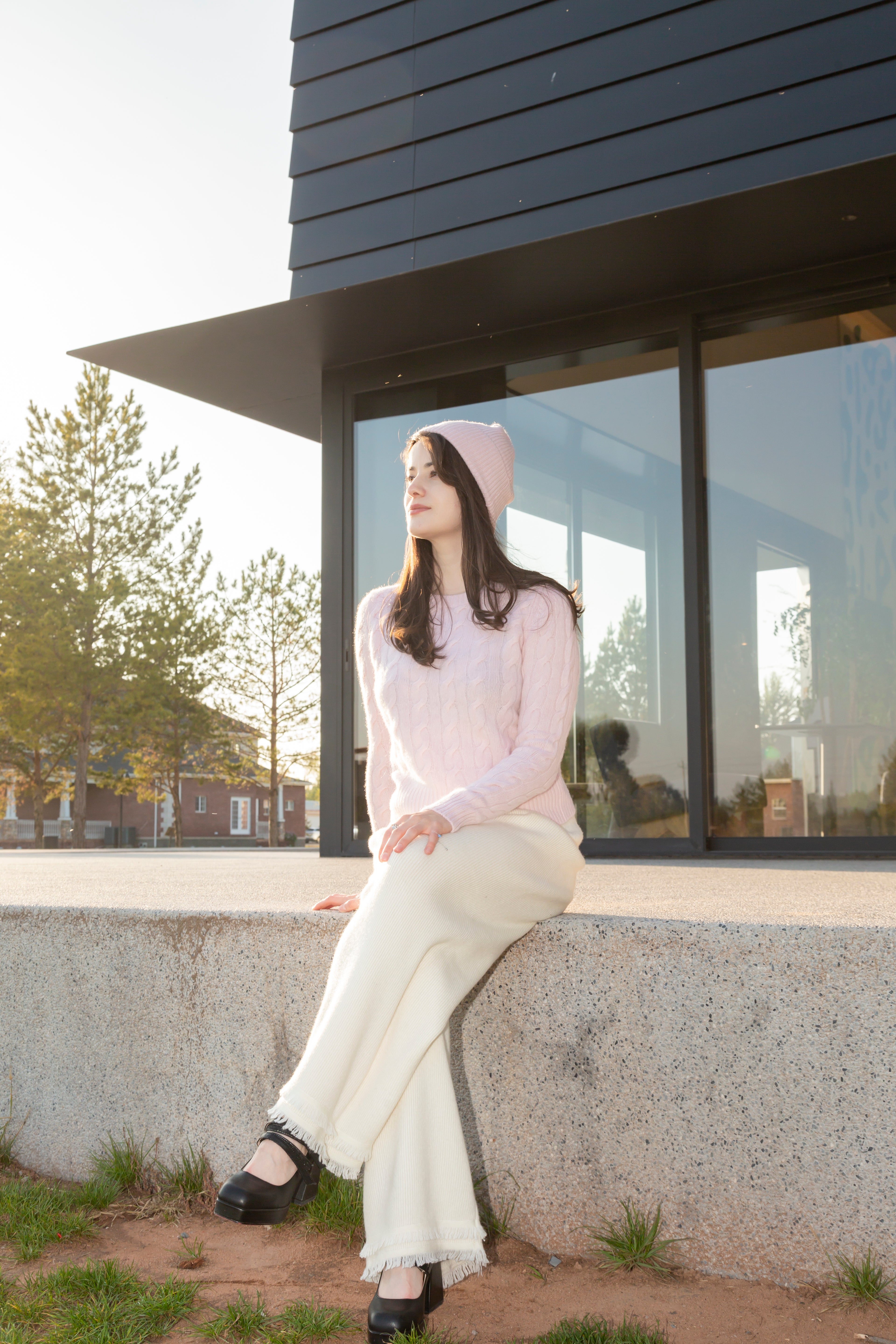 Nature Lamy 2026 lady's new style of cable pink pure cashmere knitted o neck sweater