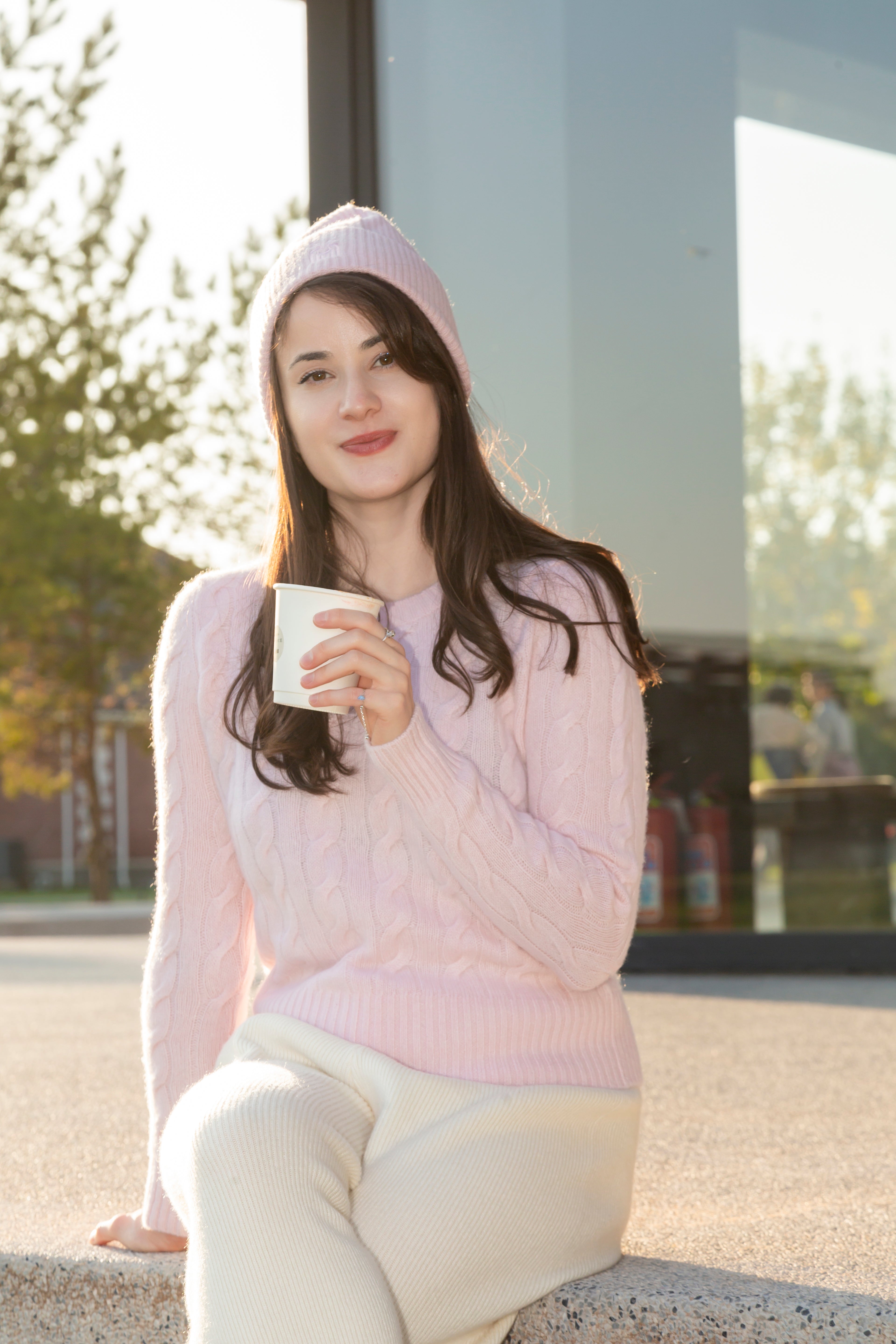 Nature Lamy 2026 lady's new style of cable pink pure cashmere knitted o neck sweater