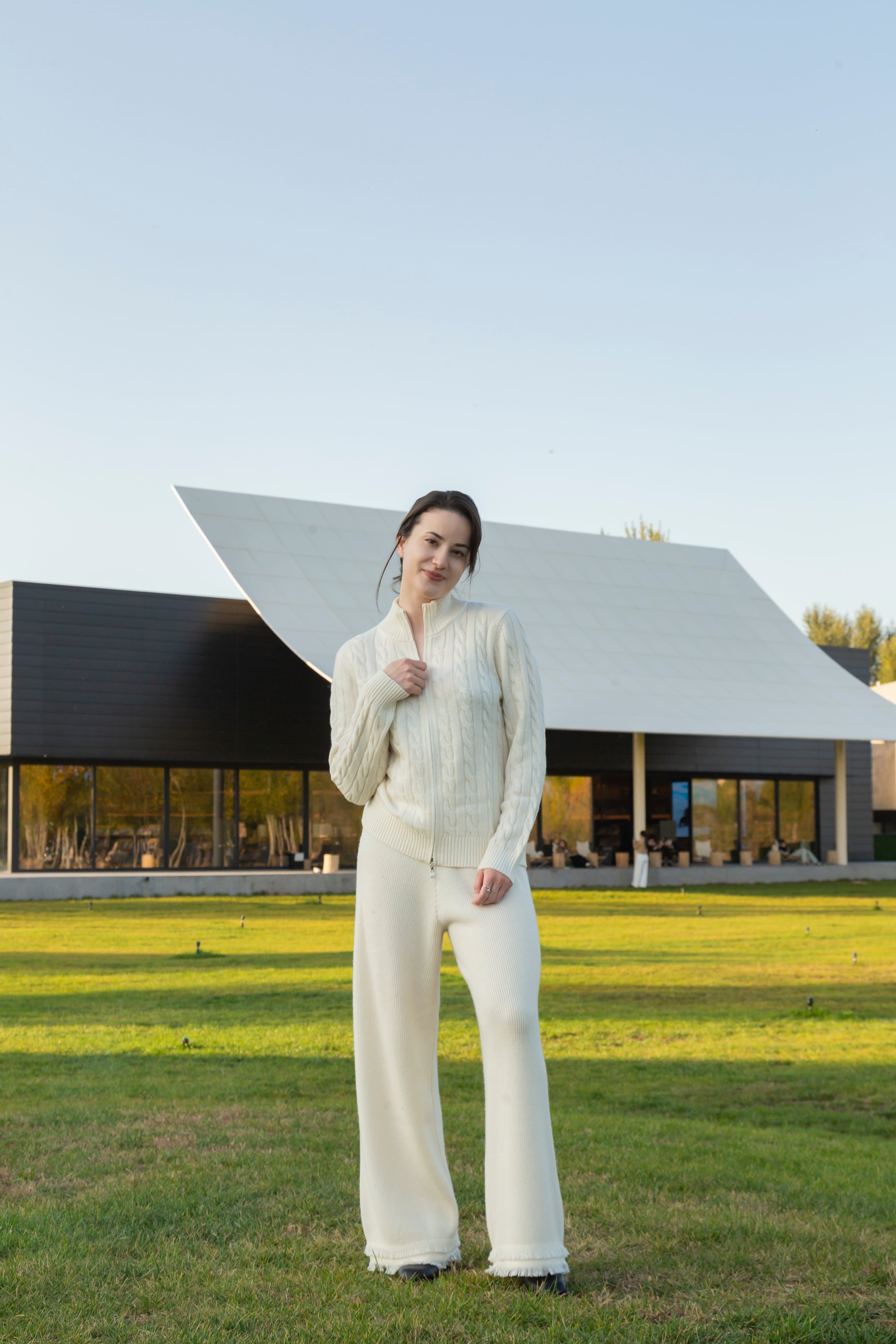 2025 new design of fringe lady's pure cashmere knitted ribbed pants wide suit for winter and Autumn