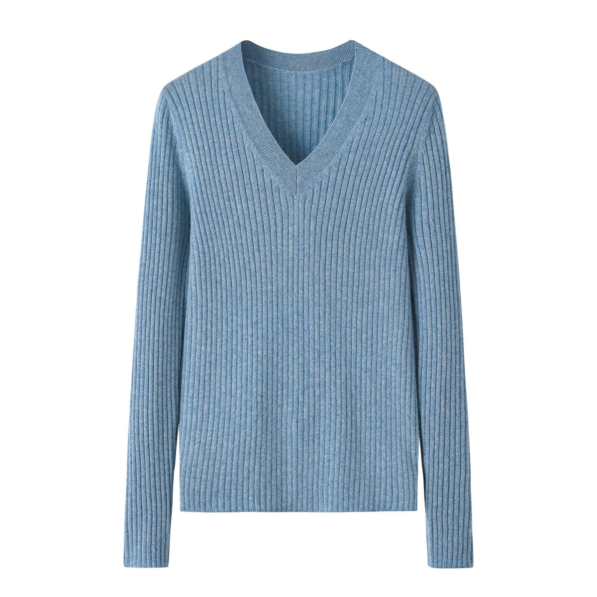 Classic style V-neck stripe blue color 100 percent cashmere knitted sweater - Lamycashmere