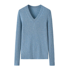 Classic style V-neck stripe blue color 100 percent cashmere knitted sweater - Lamycashmere