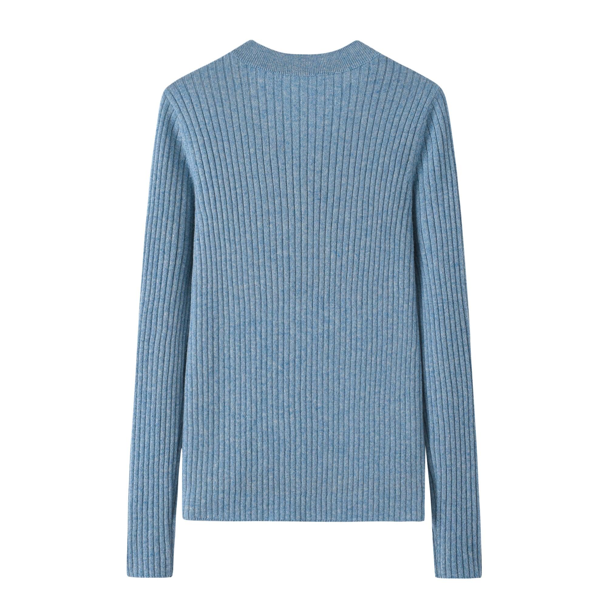 Classic style V-neck stripe blue color 100 percent cashmere knitted sweater - Lamycashmere