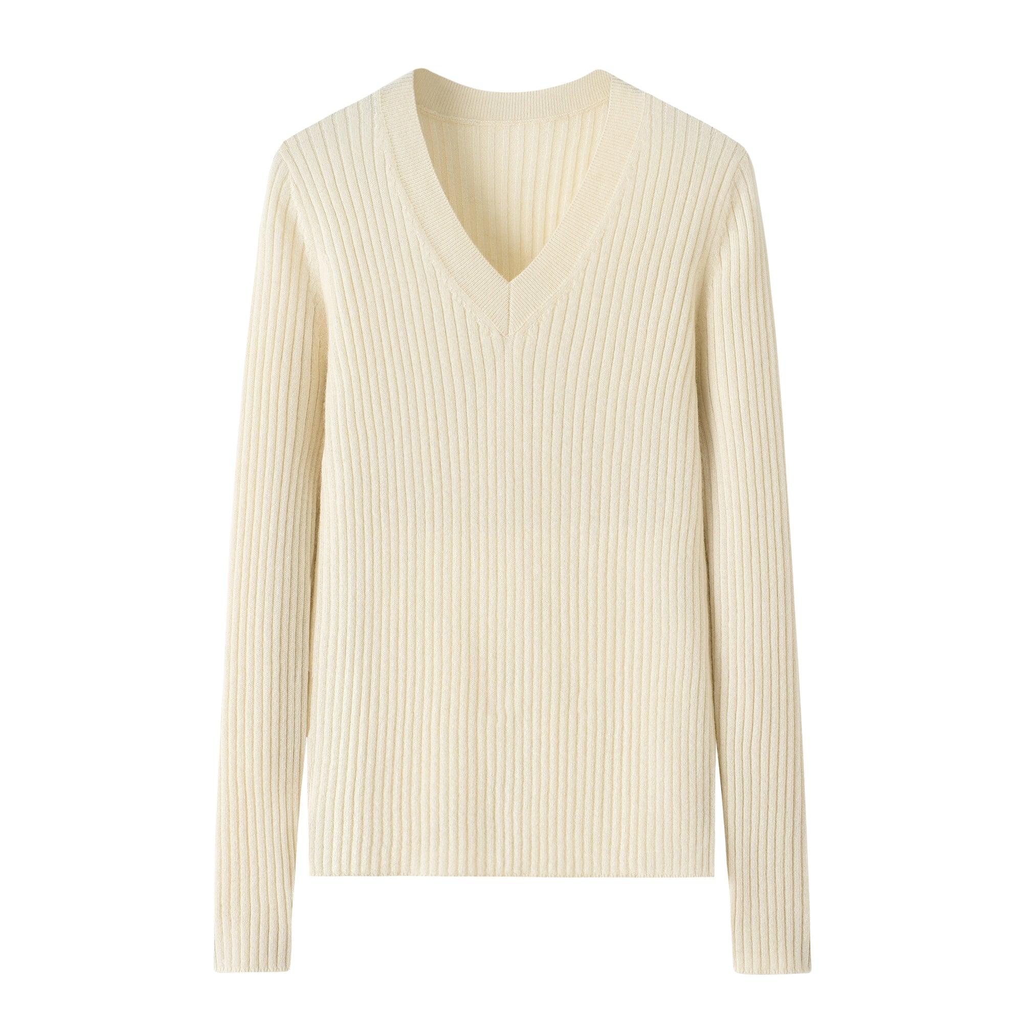 Classic style V-neck stripe blue color 100 percent cashmere knitted sweater - Lamycashmere