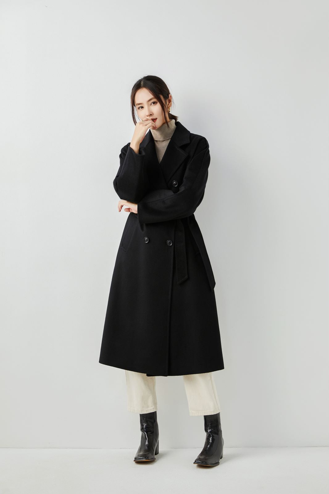 classic warmly fashion cashmere and wool high quality waterweave black color of double side woven coat for lady's