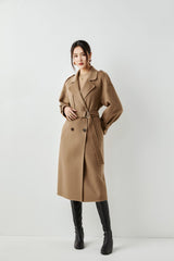 classic wrap coat in double -face wool cashmere made in Inner Mongolia high cashmere fiber produced area camel color of women's long coat.