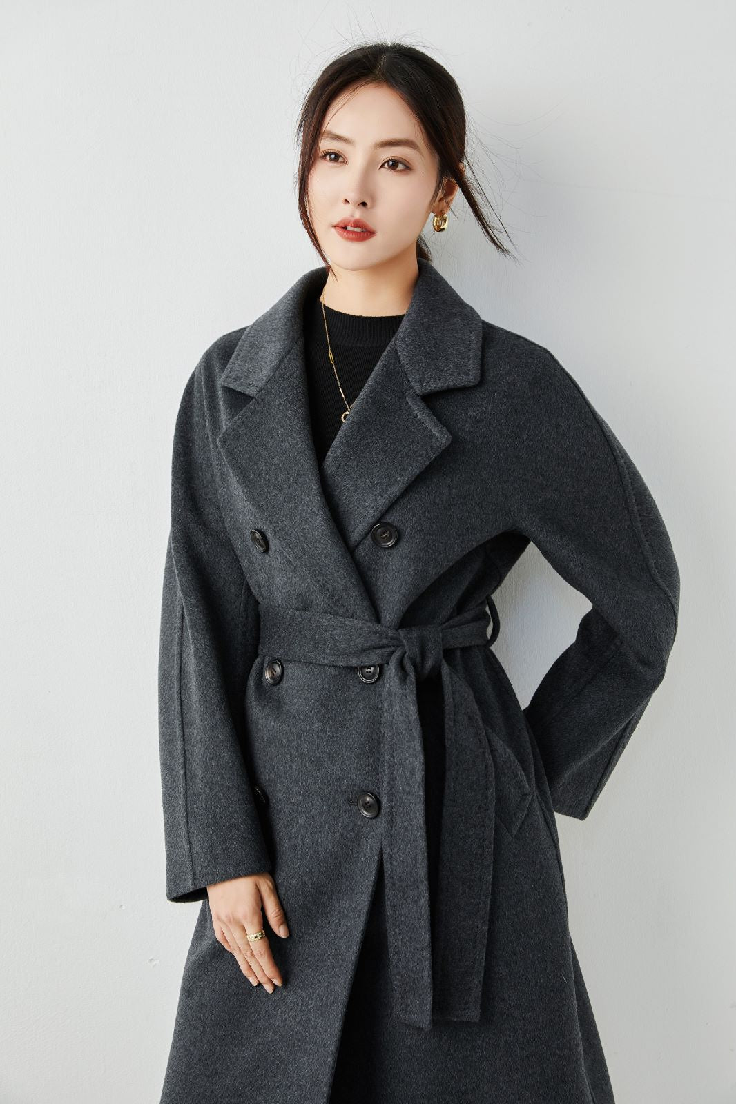 classic warmly fashion cashmere and wool high quality waterweave black color of double side woven coat for lady's