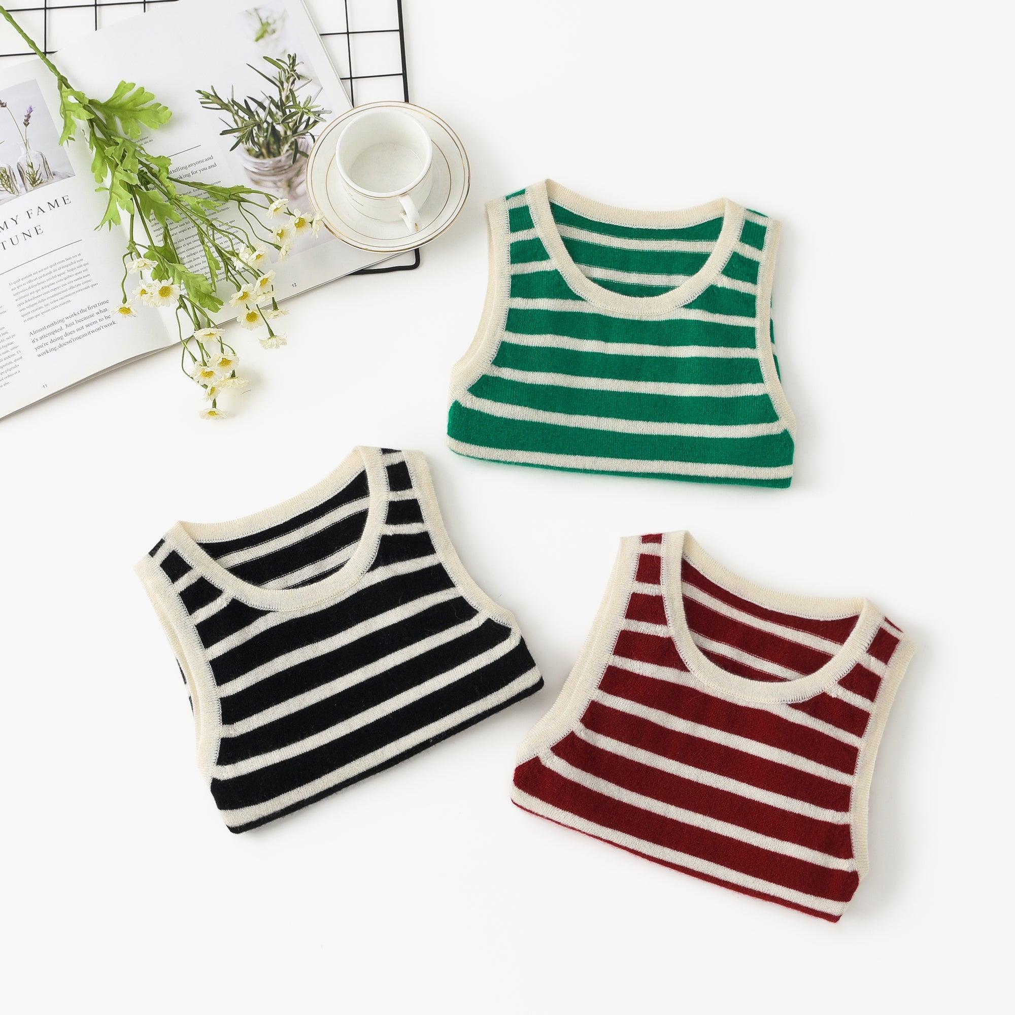 Mongolia Factory price of pure real cashmere knitted green and white stripe tank for lady's - Lamycashmere