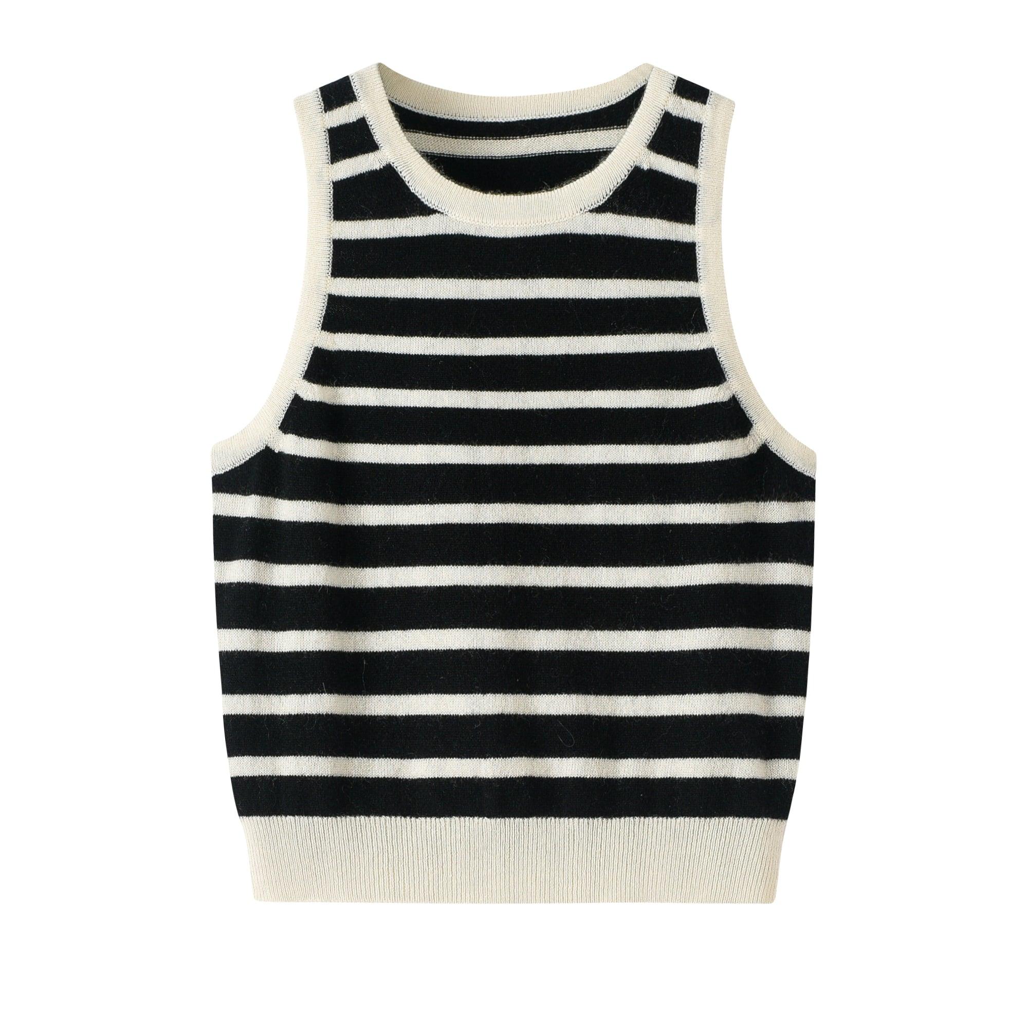 Mongolia Factory price of pure real cashmere knitted green and white stripe tank for lady's - Lamycashmere