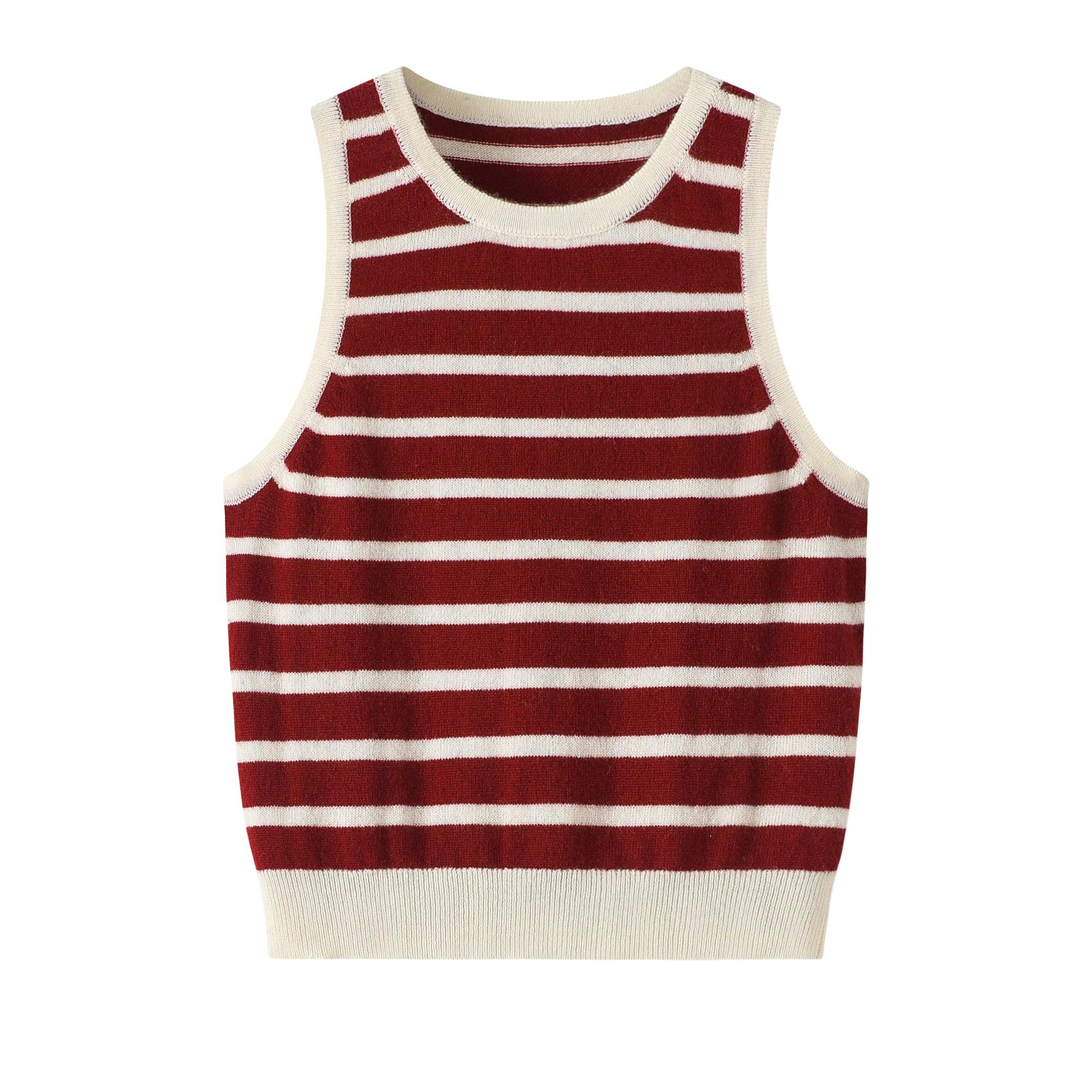 Mongolia Factory price of pure real cashmere knitted green and white stripe tank for lady's - Lamycashmere