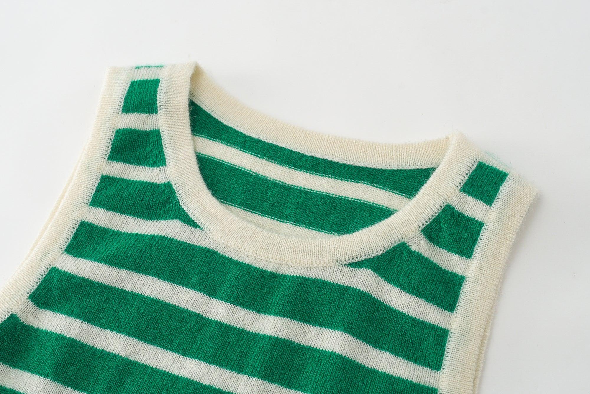 Mongolia Factory price of pure real cashmere knitted green and white stripe tank for lady's - Lamycashmere