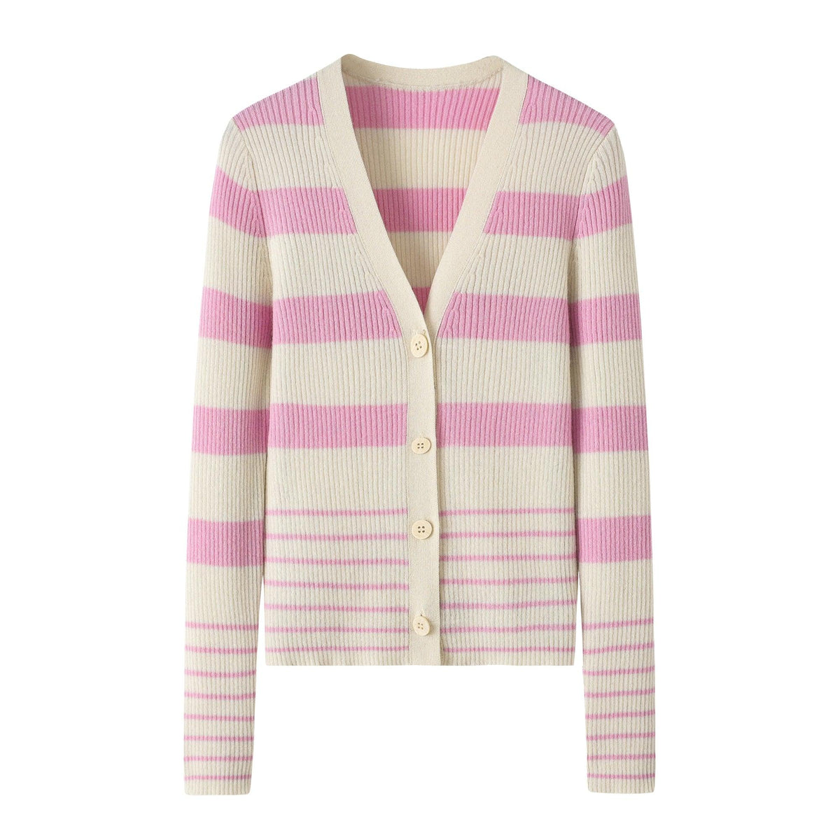 New Year 2024 collection 100 percent cashmere knitted pink stripe button cardigan for girls - Lamycashmere