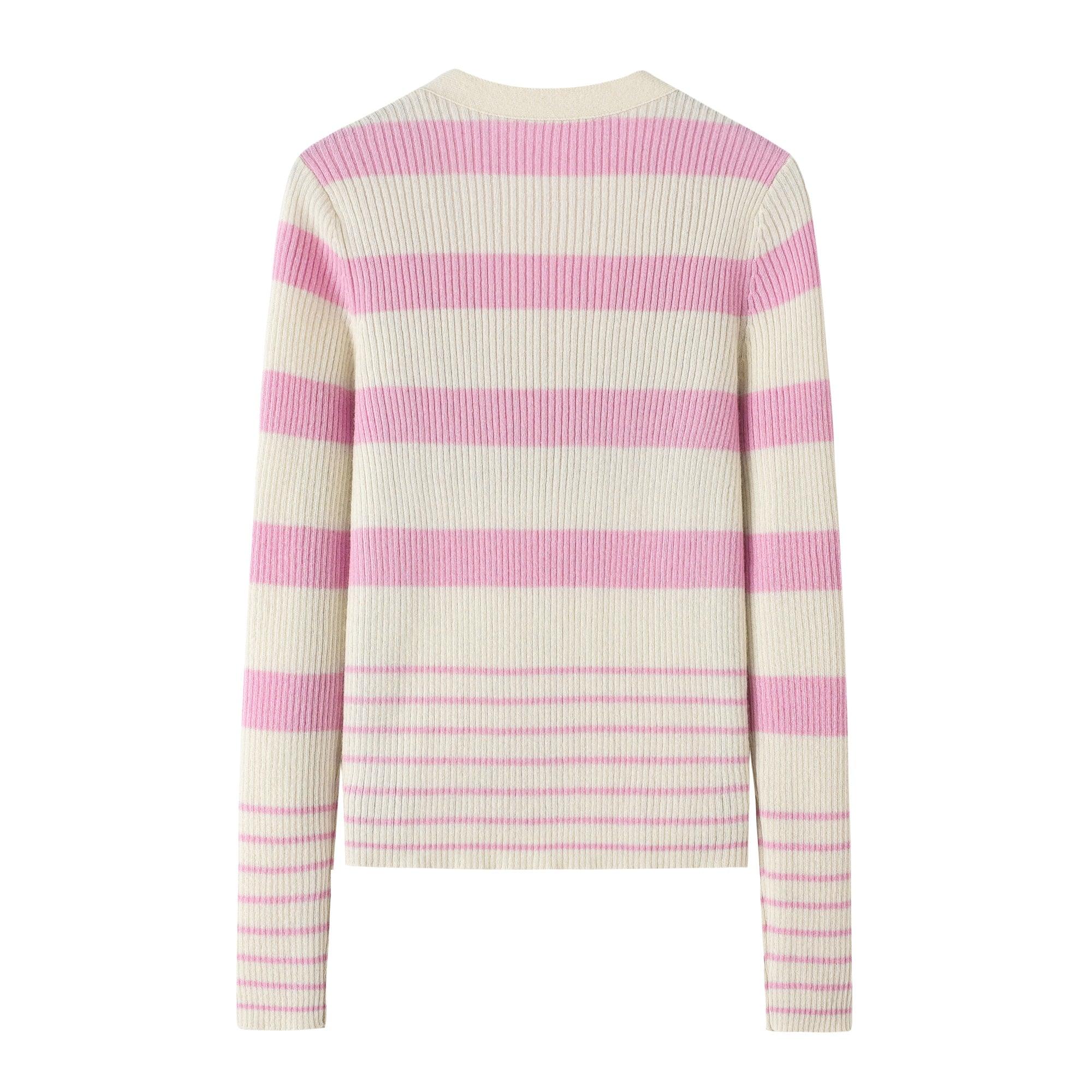 New Year 2024 collection 100 percent cashmere knitted pink stripe button cardigan for girls - Lamycashmere