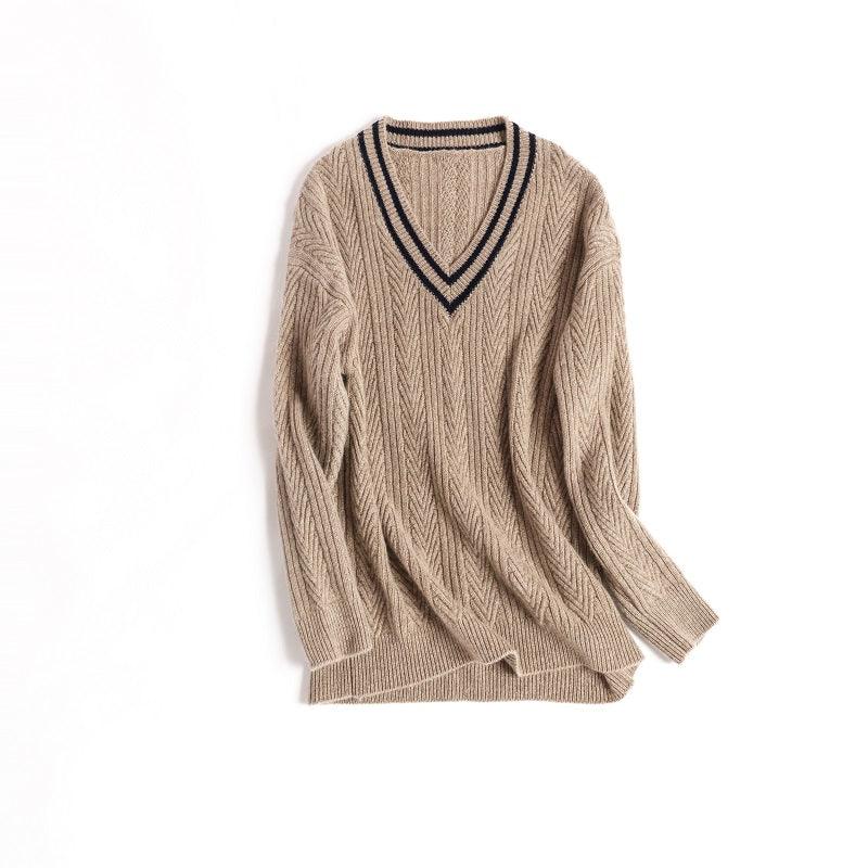 100% cashmere V-neck College style sweater - Lamycashmere