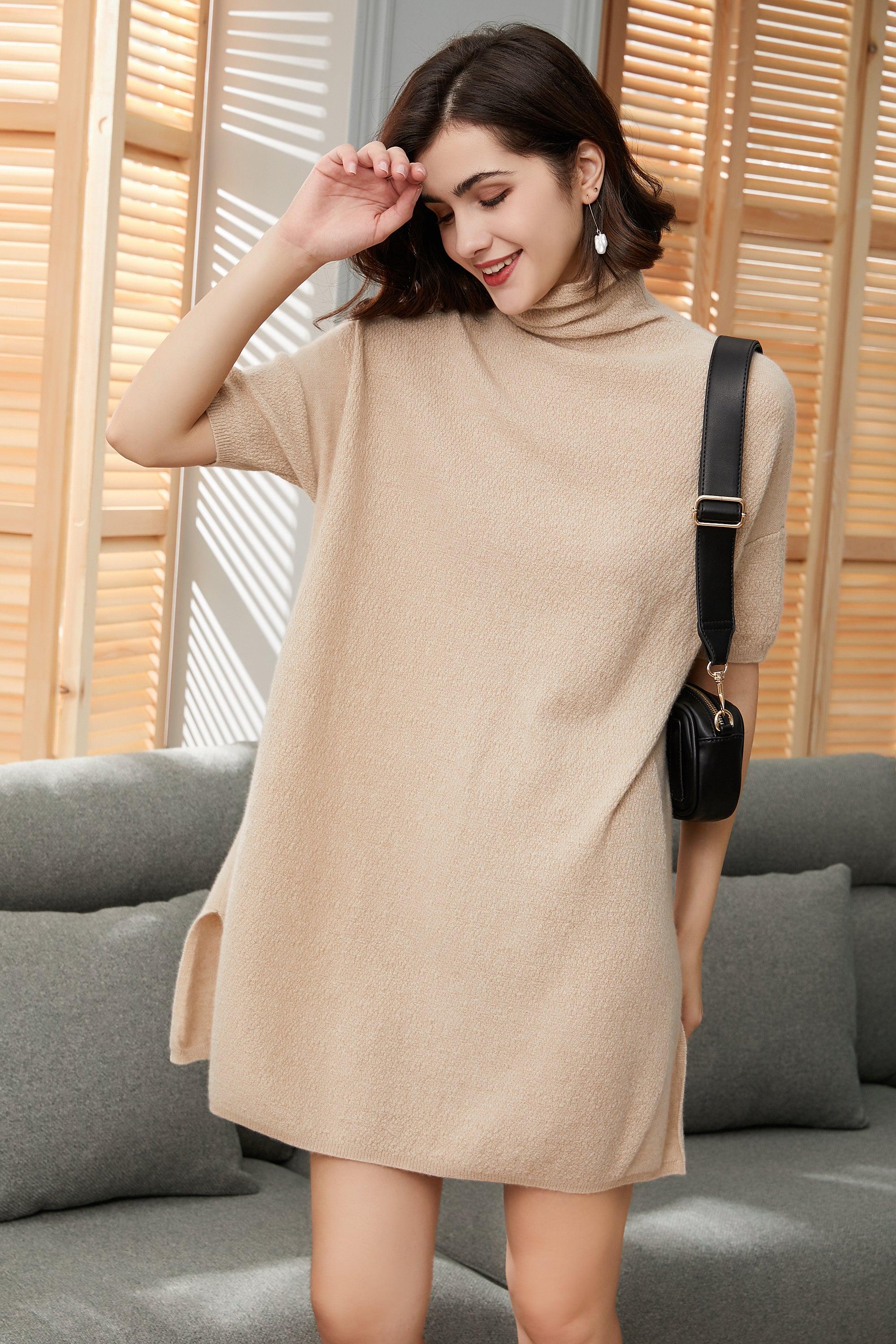 100% pure cashmere half sleeve turtleneck dress for women's classice oversized - Lamycashmere