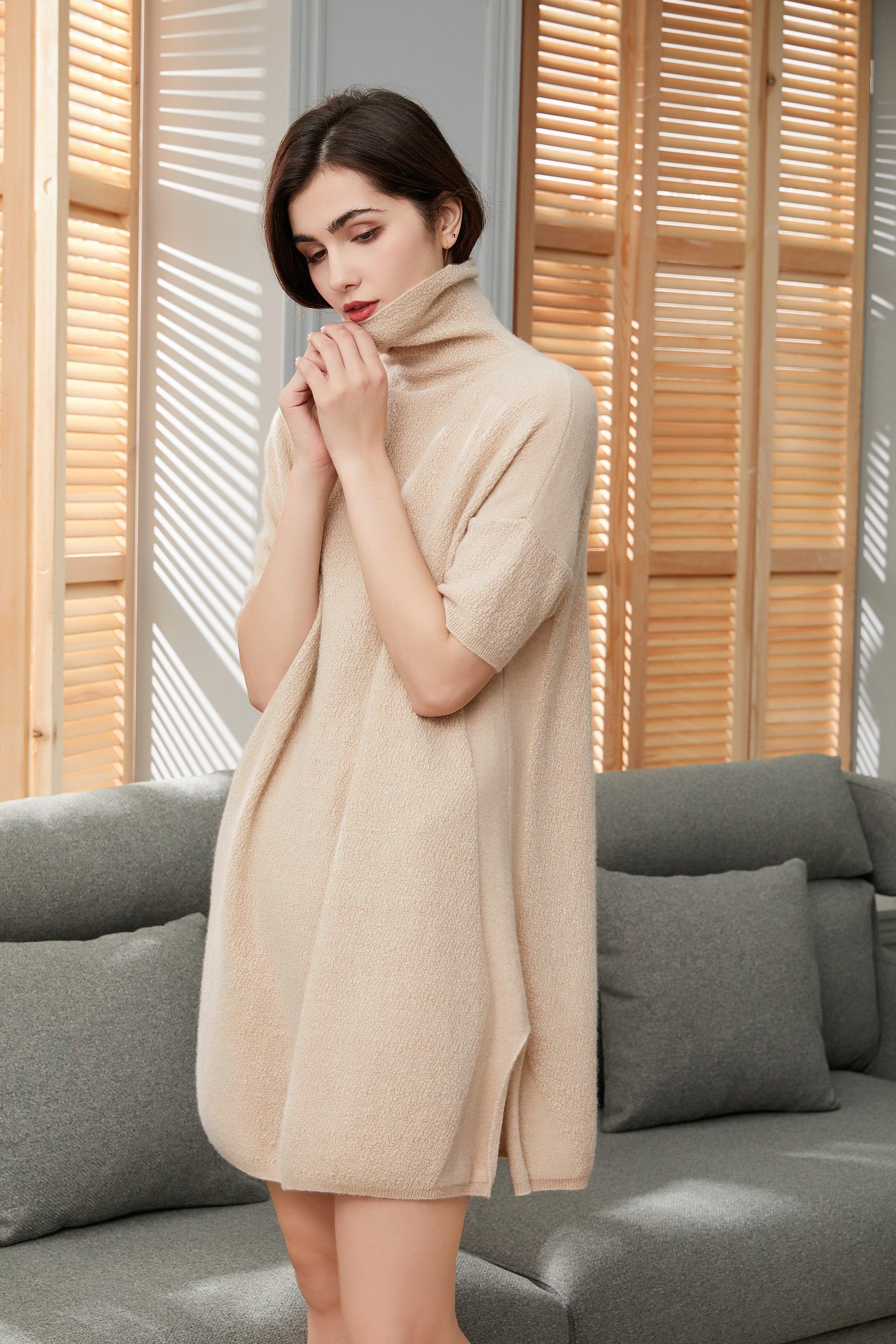 100% pure cashmere Lamycashmere classice – oversized half sleeve women\'s turtleneck dress for