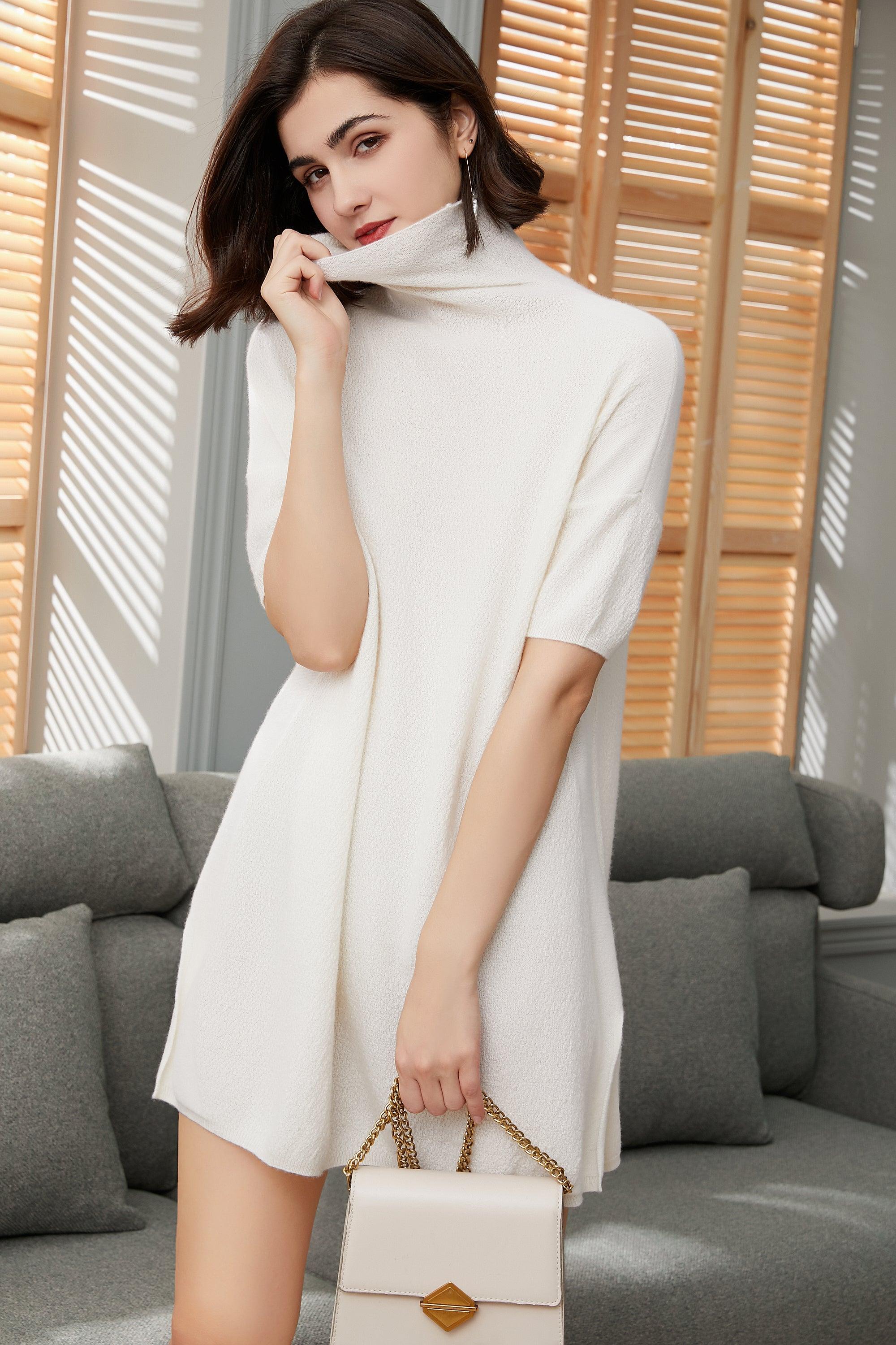 100% pure cashmere half sleeve turtleneck dress for women's classice oversized - Lamycashmere