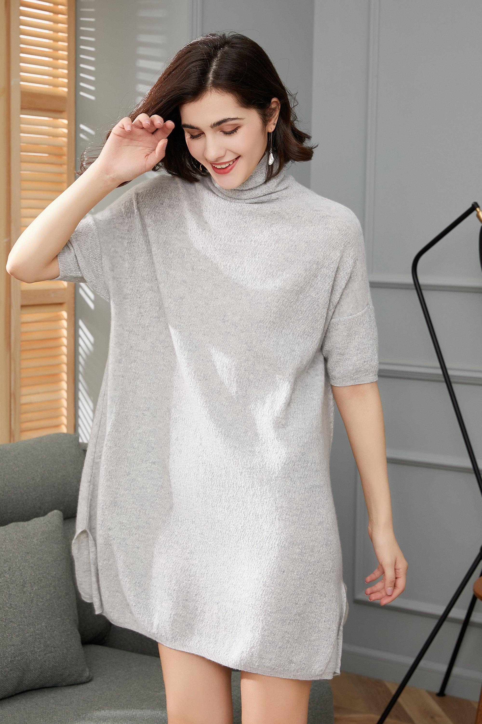 100% pure cashmere half sleeve turtleneck dress for women's classice oversized - Lamycashmere