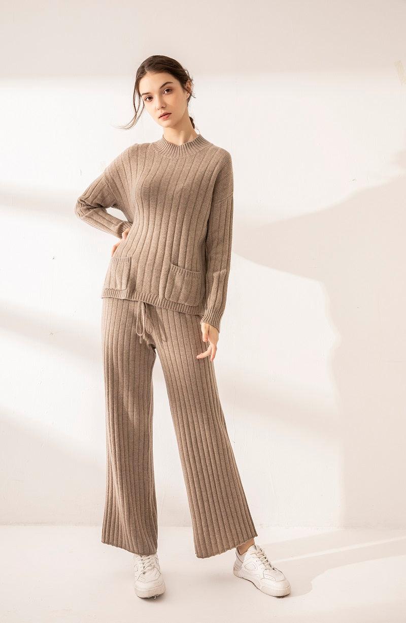 2020 new collection of cashmere stripe round neck sweater and pants suits - Lamycashmere