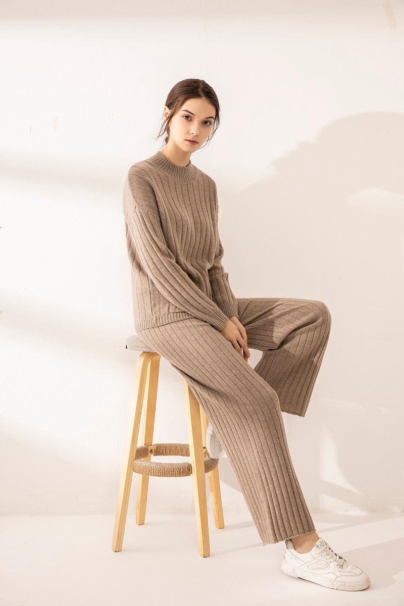 2020 new collection of cashmere stripe round neck sweater and pants suits - Lamycashmere